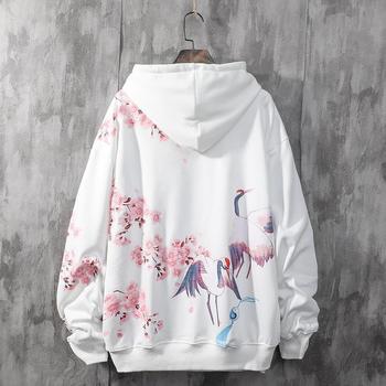 Bluza męska z kapturem w stylu chińskim - jesień, cienka, stylowa, luźna, narodowe motywy kwiatów wiśni oraz żurawi