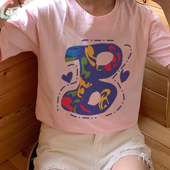 Damskie t-shirt z nadrukiem graficznym - alfabet A B C, letnia kolekcja 2021, kolor różowy