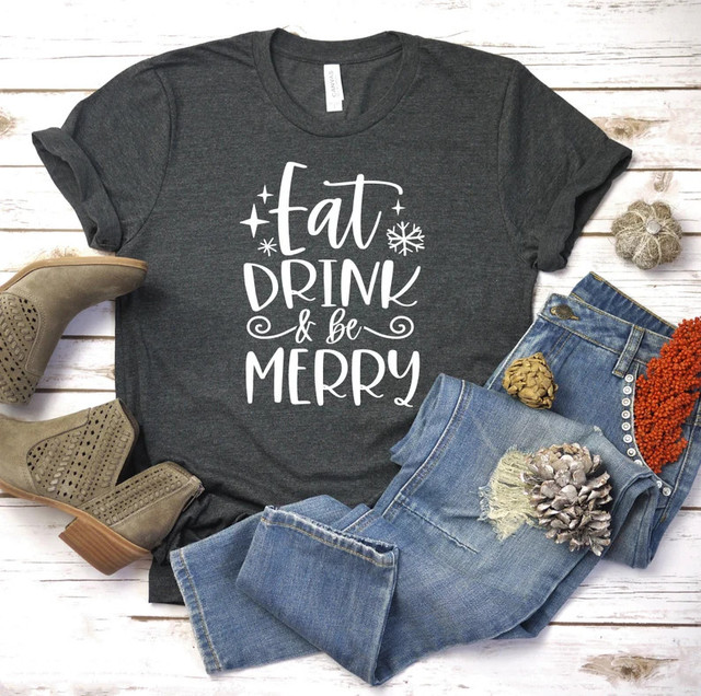 Koszulka damska z zabawnym napisem Jedz, pij i bądź wesoła! - T-shirt 100% bawełna z grafiką O-neck - tanie ubrania i akcesoria