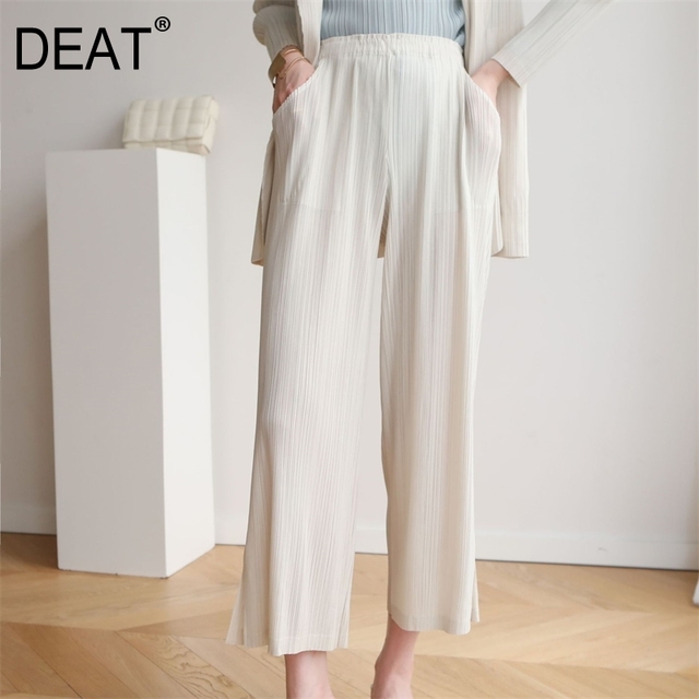 Spodnie capri DEAT Frilly dla kobiety, jednolite, wysoki stan, elastyczne, proste, cienkie, dziewiątka długość, luźne, proste, przyczynowy styl, dzikie, nowa jesień 2021 XQ362 - tanie ubrania i akcesoria