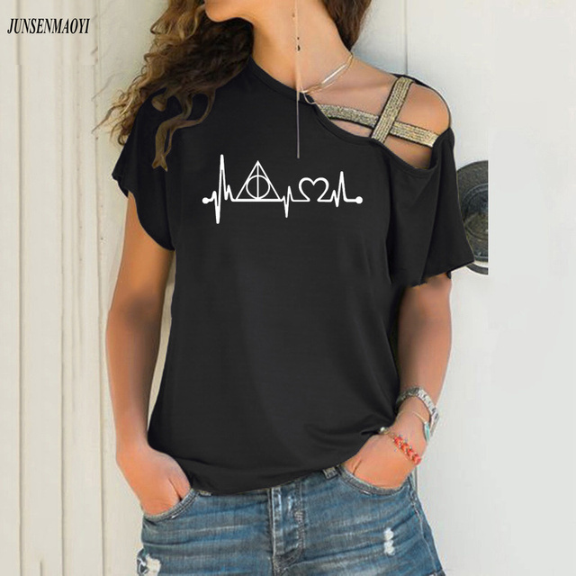 Damska koszulka t z nadrukiem 'Heartbeat' inspirowana motywem śmierci, modna na lato, z nieregularnym skośnym krzyżowym wiązaniem, rozmiar S-5XL - tanie ubrania i akcesoria
