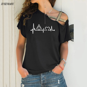 Damska koszulka t z nadrukiem 'Heartbeat' inspirowana motywem śmierci, modna na lato, z nieregularnym skośnym krzyżowym wiązaniem, rozmiar S-5XL