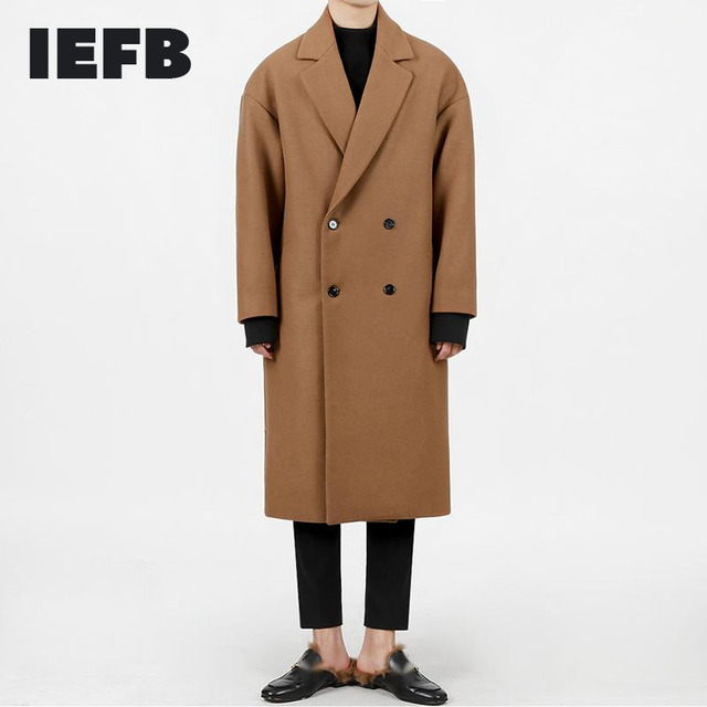 Męski płaszcz wełniany, jesienno-zimowy z wygodnym, luźnym koreańskim krojem, wiatrówka z gęstą strukturą - tanie ubrania i akcesoria