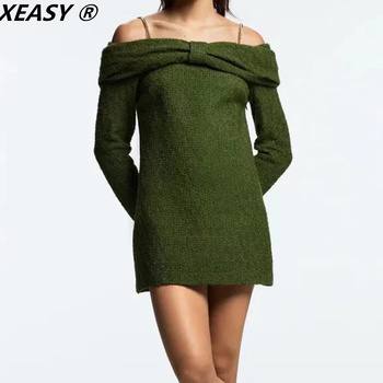 XEASY Sukienka vintage z długim rękawem w stylu tweed dla kobiet - zielona