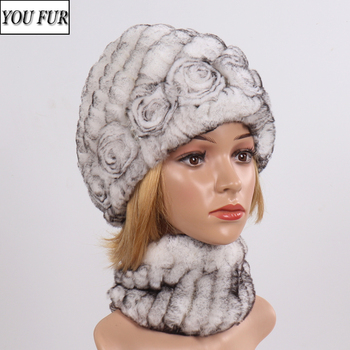 Nowe mody prawdziwe futrzane czapki i szaliki z zestawem kobiety zimowe dzianiny rex królika kapelusz panie futro naturalne futrzane rękawiczki czapki