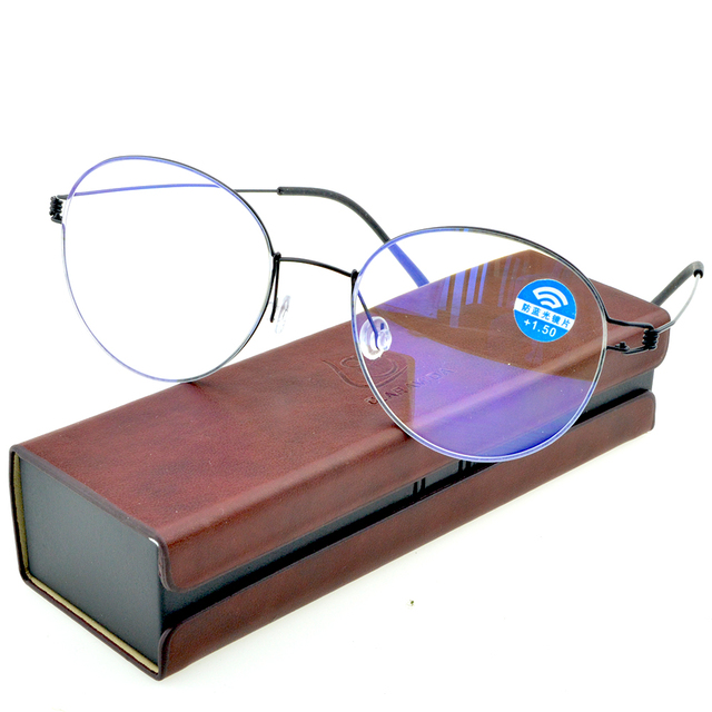Okulary do czytania ręcznie wykonane bezśrubowe z tytanu, 12-warstwowe powlekane szkła, zakres od +0.75 do +4, wraz z etui PU - tanie ubrania i akcesoria