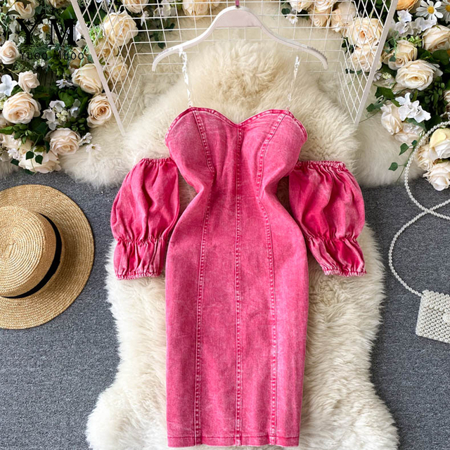 YuooMuoo Sukienka Jeansowa Off Shoulder z wysoką talią w różowym kolorze - Moda 2020 - tanie ubrania i akcesoria