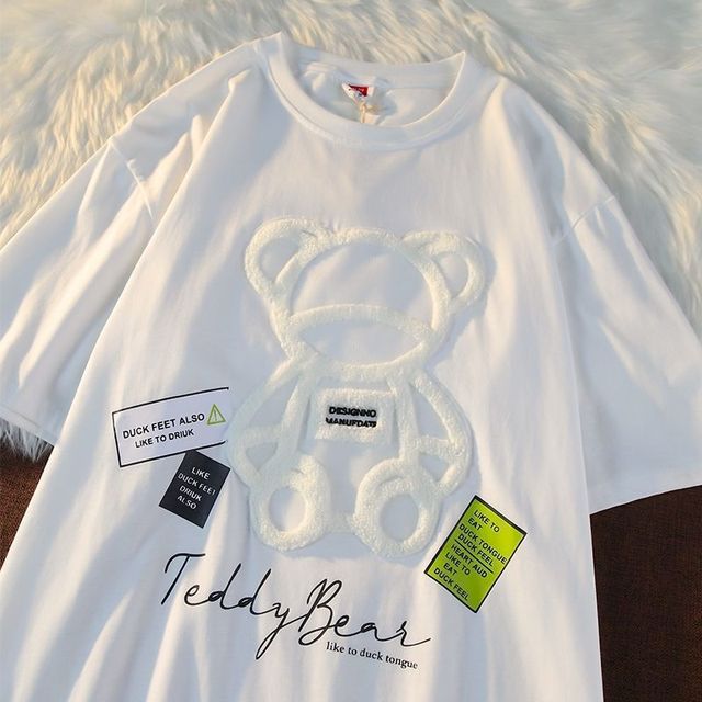 Męska koszulka z krótkim rękawem haftowana niedźwiedź z 100% bawełny - tanie ubrania i akcesoria