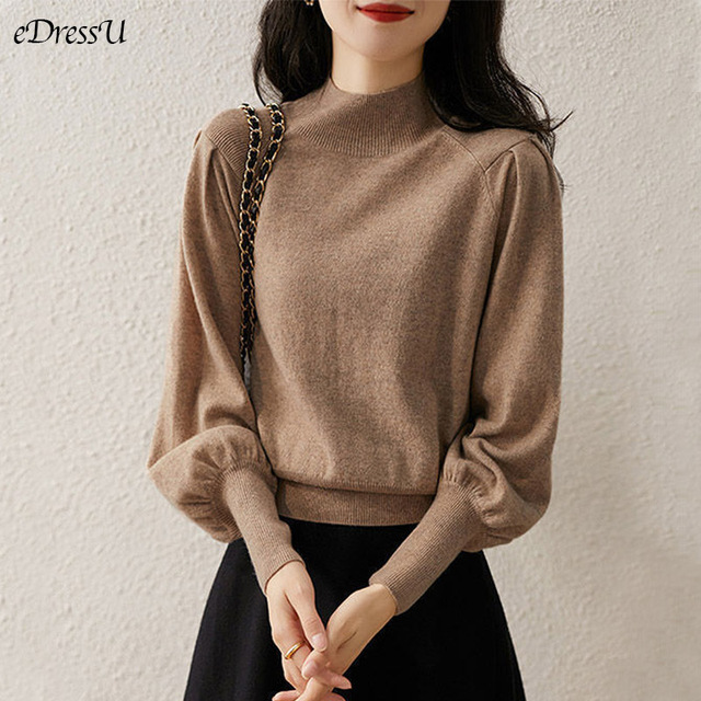Elegancki sweter damski z wysokiej jakości kaszmiru, z dekoltem typu Mock Neck, rękawami typu lampion oraz wyrafinowanym wzorem 2021 jesienny GGJ-00 - tanie ubrania i akcesoria
