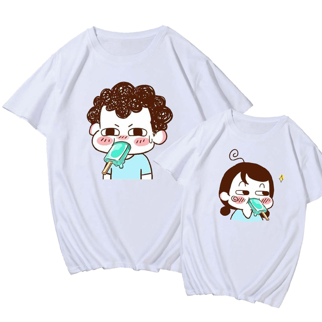 Nowa koszulka dla par: T-shirt damski z krótkim rękawem w stylu Harajuku i koreańskim wzorem graficznym, w kolorze białym - tanie ubrania i akcesoria