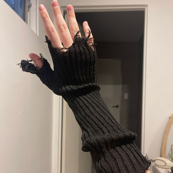 Punk Unisex rękawiczki z dzianiny bez palców - nowe, czarne beżowe postrzępione, cieplejsze rękawiczki z łokciami dla kobiet i mężczyzn