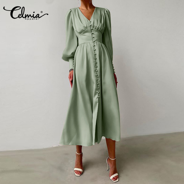 Kobiece sukienki Midi jesień 2021 Vestido Celmia Satin Party - sukienka o wysokiej tali, latarniowym rękawie i dekolcie V-neck w kolorze łuszcza - tanie ubrania i akcesoria