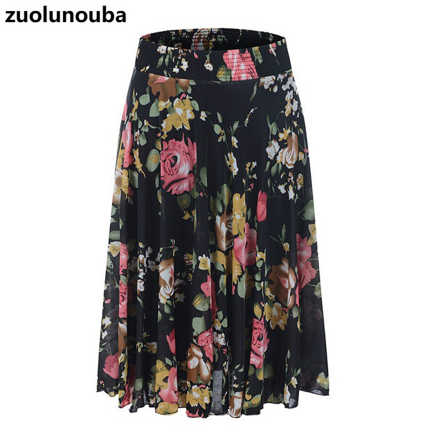 Spódnica damska w pasie, dwuwarstwowa, w połowie długości, z kwiatowym wzorem - tanie ubrania i akcesoria