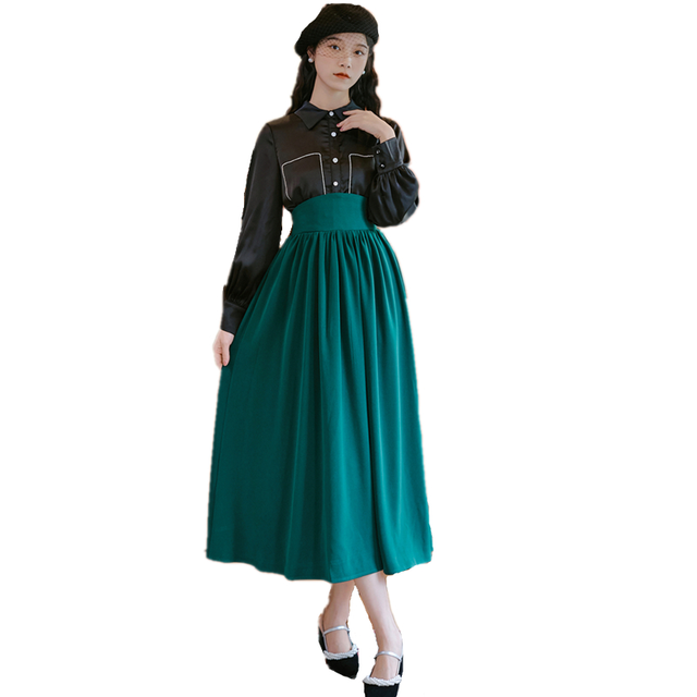 Długa sukienka damska Vintage jesienno-zimowa 2020 w patchworkowym stylu, plisowana, wysokiej jakości z obszyciem diamentami - tanie ubrania i akcesoria