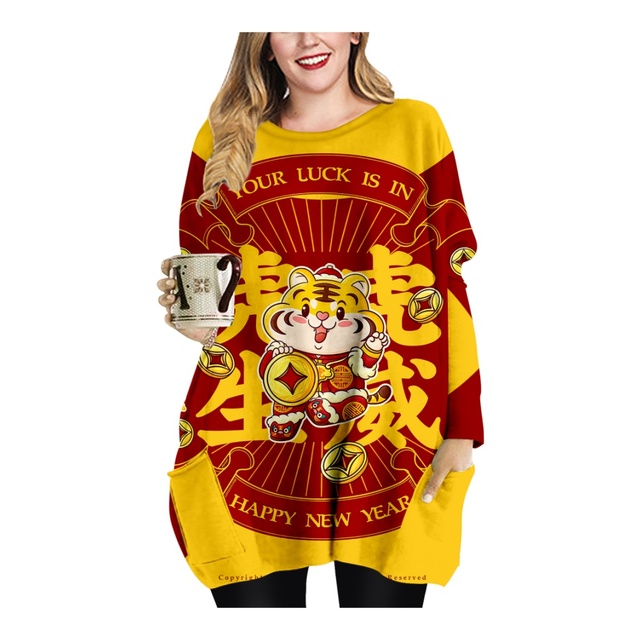 Koszula damskie z długimi rękawami, wzór 3D tygrysa, wiosenny festiwal, okrągły dekolt - tanie ubrania i akcesoria