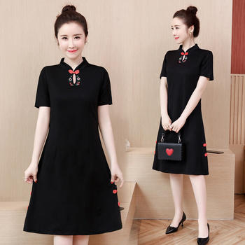 Kobiety sukienka letnia qipao Vintage Midi Cheongsam haftowane wzory, czarny, rozmiar M-4XL