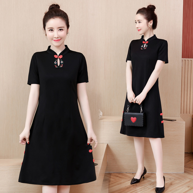 Kobiety sukienka letnia qipao Vintage Midi Cheongsam haftowane wzory, czarny, rozmiar M-4XL - tanie ubrania i akcesoria