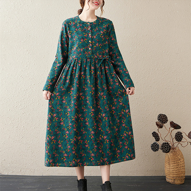 Jesienna sukienka New Arrival z długim rękawem, w stylu Vintage, z kwiatowym wzorem na tkaninie lnianej, idealna na co dzień i do pracy - tanie ubrania i akcesoria