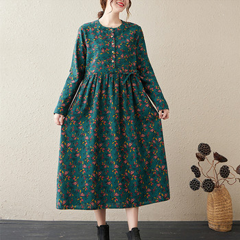 Jesienna sukienka New Arrival z długim rękawem, w stylu Vintage, z kwiatowym wzorem na tkaninie lnianej, idealna na co dzień i do pracy
