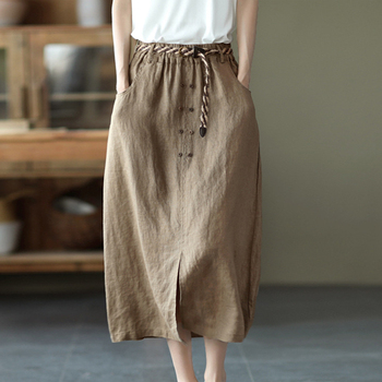 Spódnica damsko-ręcznikowa Vintage Johnature 2021 w pasie z guzikiem i kieszeniami, kolor jednolity, rozcięcie na nogę - letnia moda