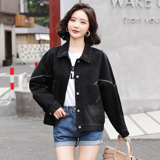 Damska kurtka dżinsowa jednokolorowa - 2021 jesienno-zimowa kolekcja w stylu koreańskim - tanie ubrania i akcesoria