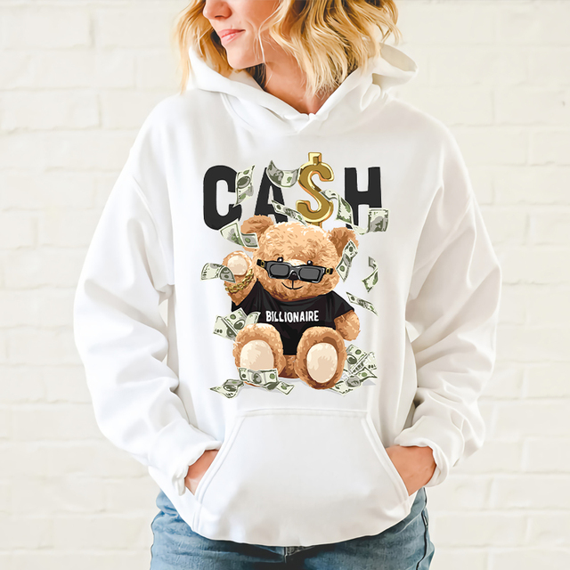 Kreatywna bluza z kapturem z nadrukiem gotówki i niedźwiedzia na jesień/zimę dla mężczyzn i kobiet, rozmiar Plus-size - tanie ubrania i akcesoria