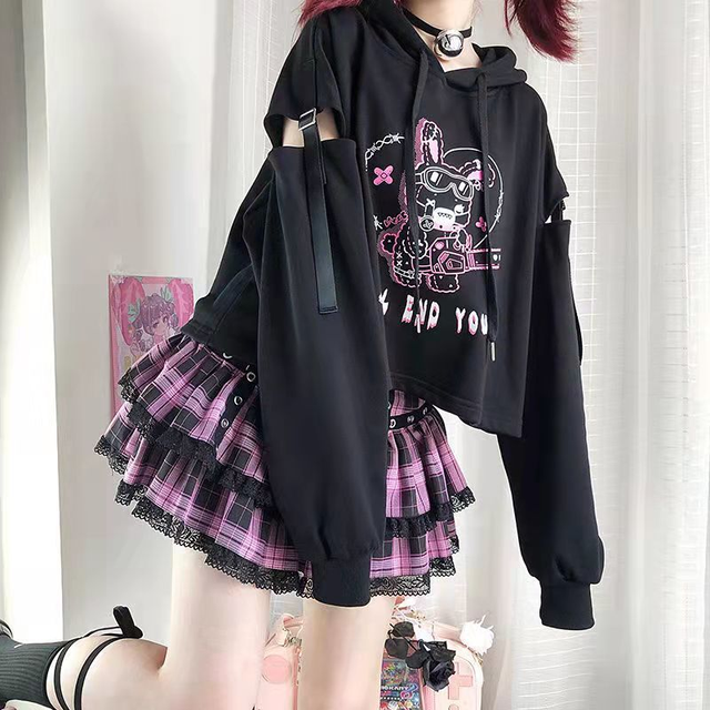 Bluza z kapturem Gothic Anime królik Harajuku punk dla kobiet z długimi rękawami - tanie ubrania i akcesoria