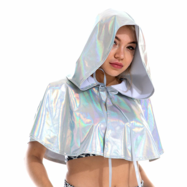 Błyszczący krótki płaszcz z kapturem holograficzny metaliczny peleryna cosplay kostium Halloween Rave festiwal unisex - tanie ubrania i akcesoria