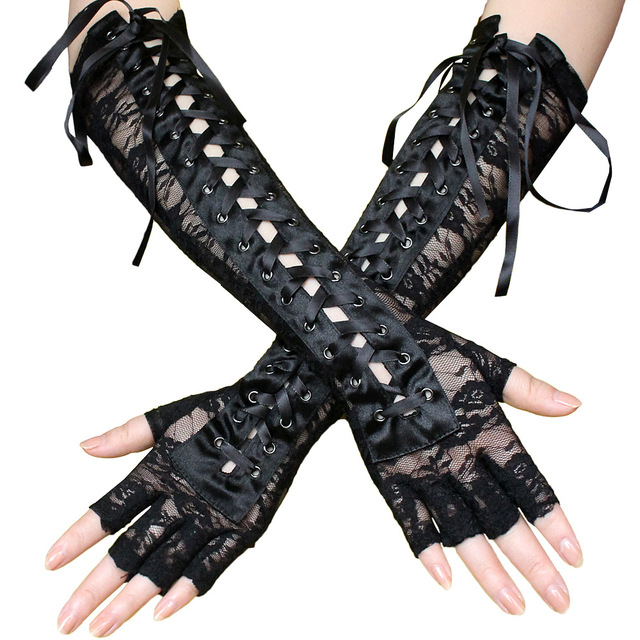 Seksowne damske rękawiczki z koronką i kwiatowym wzorem w stylu Steampunk o długości łokciowej z wiązaniem na pół palca - tanie ubrania i akcesoria