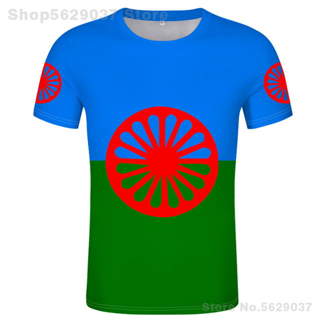T-shirt z flagą cygańską dla mężczyzn - Romskie logo, zdjęcie na koszulce z możliwością personalizacji - tanie ubrania i akcesoria