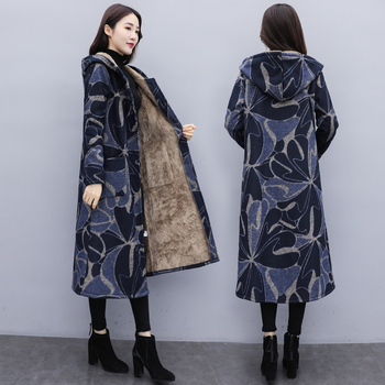 Długi płaszcz damski w stylu retro o etnicznym wzorze - wełniany, abstrakcyjny wydruk, aksamitne wyściełanie, ciepły i gruby, z kapturem