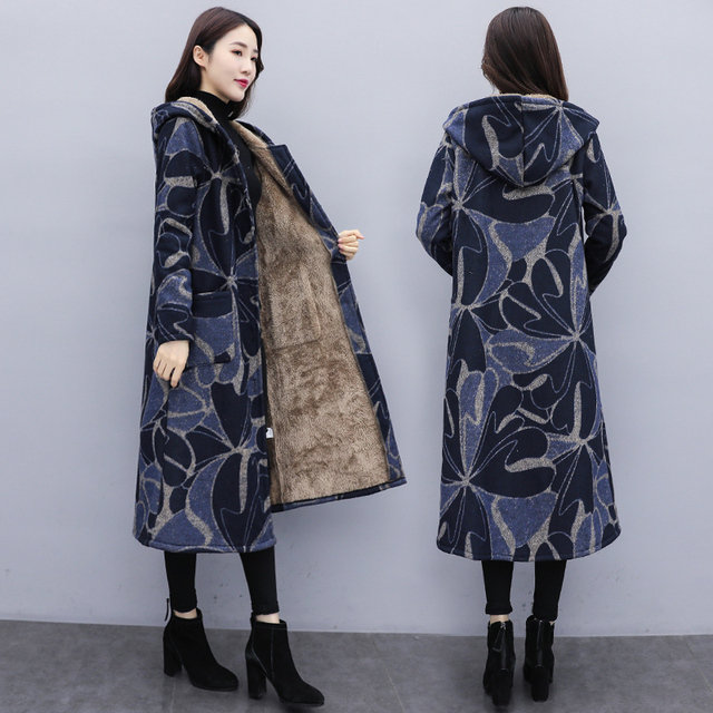 Długi płaszcz damski w stylu retro o etnicznym wzorze - wełniany, abstrakcyjny wydruk, aksamitne wyściełanie, ciepły i gruby, z kapturem - tanie ubrania i akcesoria