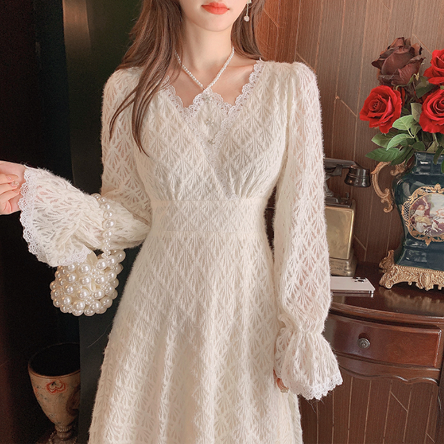 Koronkowa sukienka Midi w stylu Vintage z długim rękawem - jednoczęściowy strój koreański o jednolitym kolorze - tanie ubrania i akcesoria