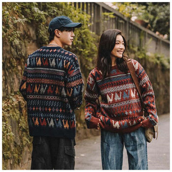 Sweter zimowy gruby etniczny z motywem wielbłąda - pulower z okrągłym dekoltem dla mężczyzn i kobiet w stylu japońskim retro y2k