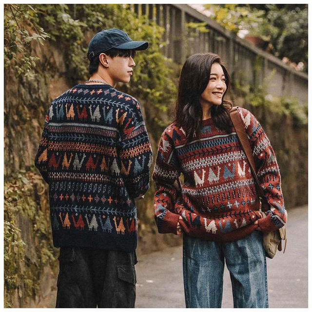 Sweter zimowy gruby etniczny z motywem wielbłąda - pulower z okrągłym dekoltem dla mężczyzn i kobiet w stylu japońskim retro y2k - tanie ubrania i akcesoria