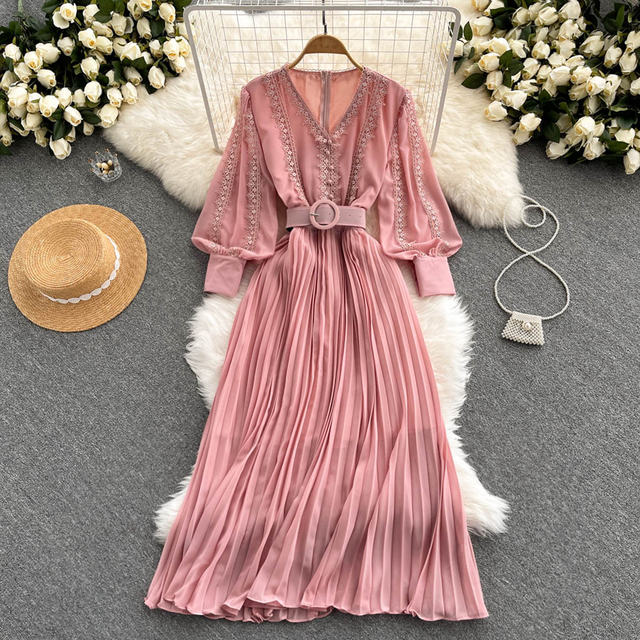 Długa sukienka SINGREINY Retro w stylu francuskim, jesień 2021, V szyi, długi rękaw, A-line, elegancka - tanie ubrania i akcesoria