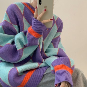 Nowy kontrastowy damski sweter w kratkę jesienno-zimowy fioletowy w stylu retro