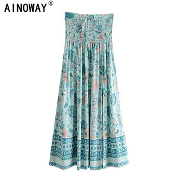 Spódnica maxi w stylu boho z elastycznym pasem i żółtym kwiatowym wzorem dla kobiet o modzie vintage chic i hippie na plażę