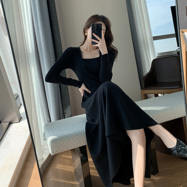 Czarna dzianinowa sukienka Maxi z długim rękawem, eleganckim kwadratowym kołnierzykiem i luźnym fasonem – sukienka damska Hepburn - tanie ubrania i akcesoria