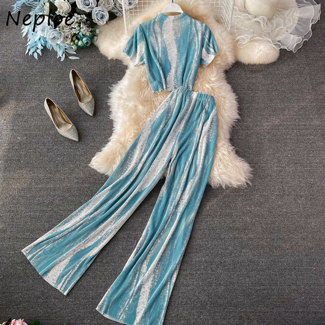 Neploe Summer Holiday Print - Zestaw damski O Neck: krótki rękaw + szerokie spodnie - Multicolor - tanie ubrania i akcesoria