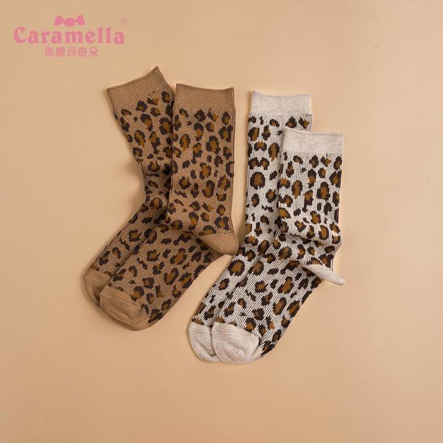 Cotton Women's Socks with Leopard Print Design - Caramella Ins Streetwear Hipster Girl, Mid-Length, Cozy and Comfortable Socks - Chaussette Femme Size 35-40 - tanie ubrania i akcesoria