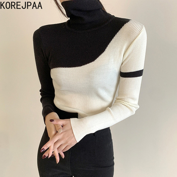 Jesienny sweter damski Korejpaa 2021 – koreański styl, kontrastowe szwy, długi rękaw, czarno-biały