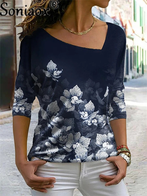 2021 Koszulka damska z długim rękawem Casual, kwiatowy dekolt w serek, luźna moda uliczna Plus rozmiar - tanie ubrania i akcesoria