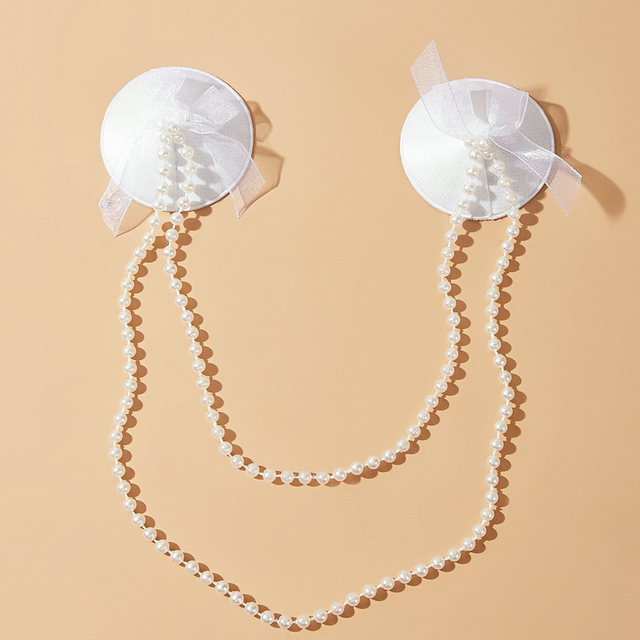 Biżuteria do sutek z łańcuszkami i perełkami - 1 para, wielokrotnego użytku, naklejki na brodawki, dla kobiet - tanie ubrania i akcesoria