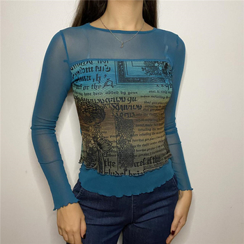 FUFUCAILLM Y2K Vintage - przezroczysta siateczka z długim rękawem - estetyczne drukowanie - Indie kobiety - swetry warstwowe - koszulki Harajuku - damskie