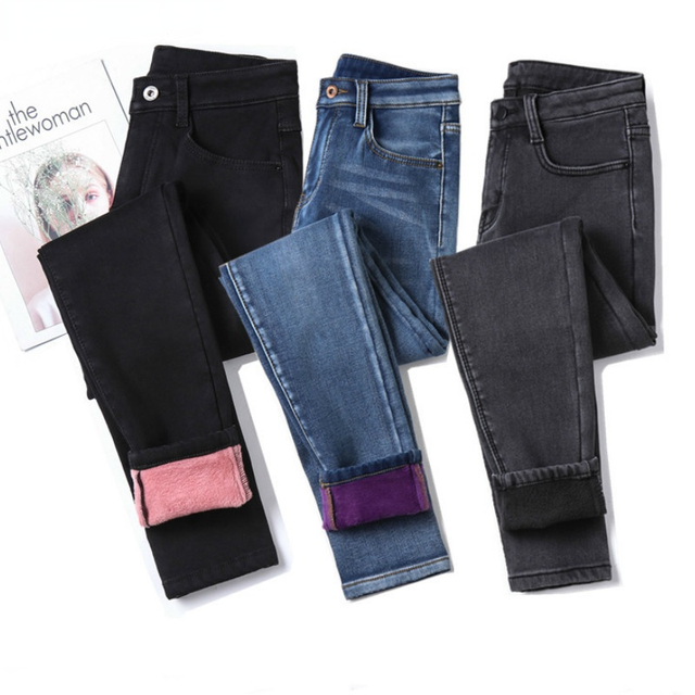 Wysokie, rozmiar 38/40, zimowe spodnie damskie - jeansy ze złotymi polarami i aksamitnym wnętrzem - tanie ubrania i akcesoria