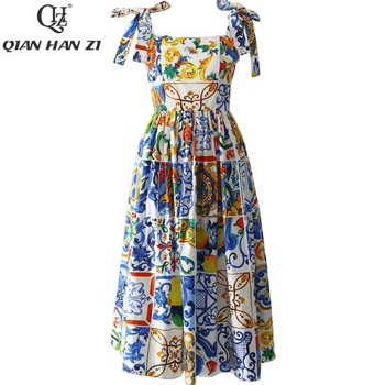 Moda letnia sukienka 2021 Qian Han Zi - Spaghetti pasek, 100% bawełna, niebieski i biały nadruk porcelanowy