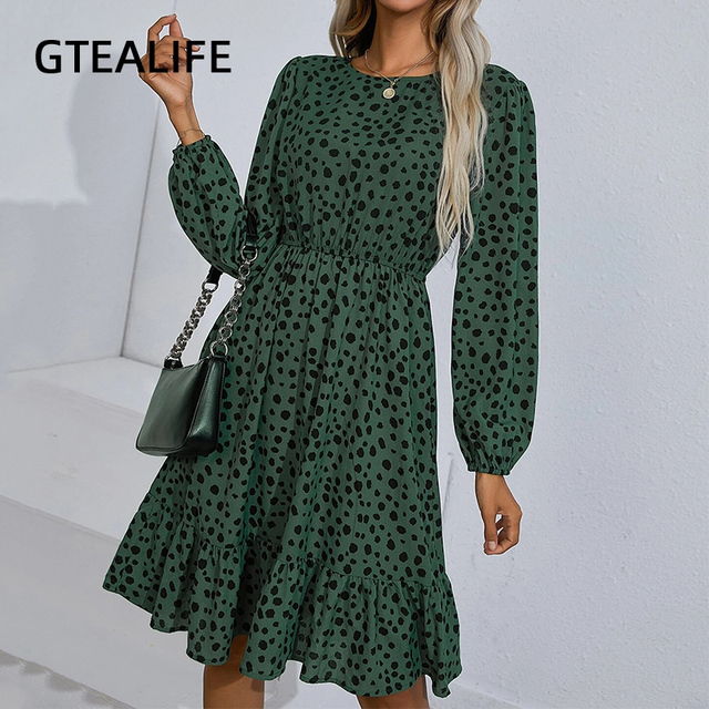 Sukienka z długim rękawem GTEALIFE O Neck w stylu boho z falbanami i nadrukiem, koloru zielonego o dalmatyńskim wzorze, idealna na jesień i zimę - tanie ubrania i akcesoria