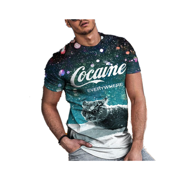 Koszulka męska w letnim stylu 2021 z serii Cocaine Cat - nadruk splasha wkładającej kocie zdjęcia w stylu 3D - tanie ubrania i akcesoria