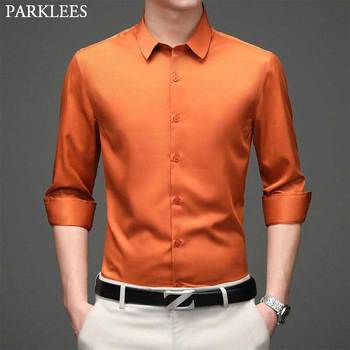 Nowoczesna pomarańczowa koszula z długim rękawem dla mężczyzn - elastyczna, slim fit, non-iron, casual/formalna